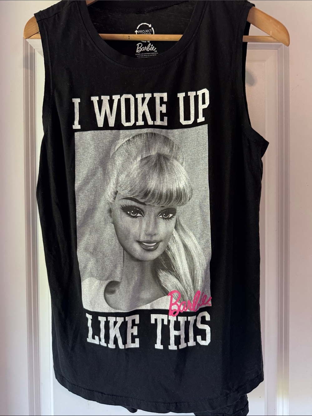 Barbie Black Muscle Tee with Pink Logo and Grayscale Graphic